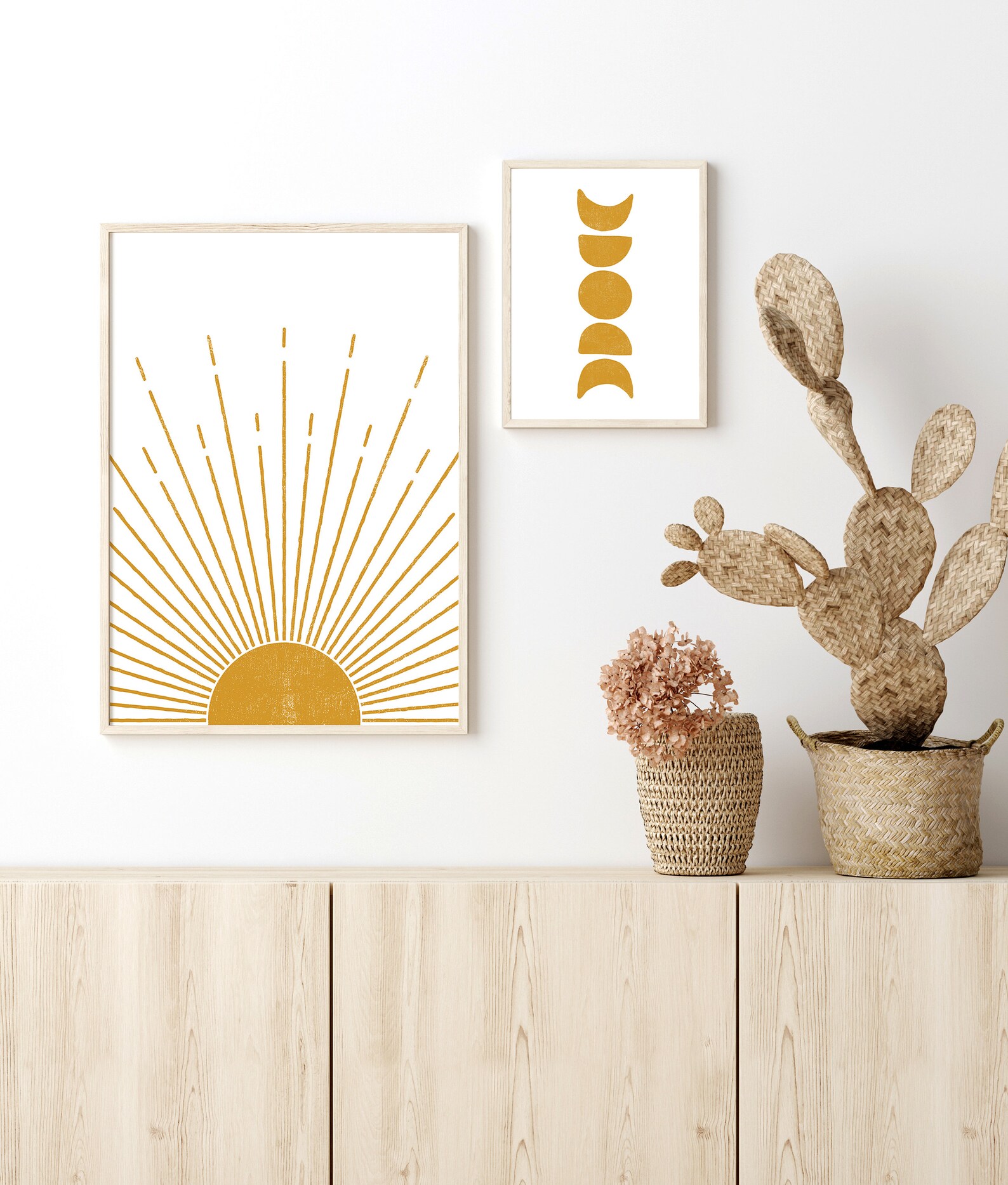Mustard Yellow Wall Art Bedroom Decor, Sun and Moon Print Set of 2