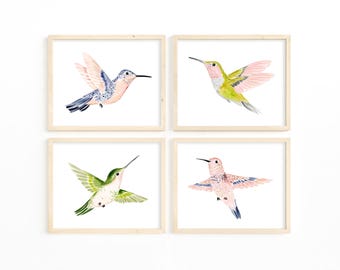 Set of 4 Pastel Hummingbird Prints, Watercolor Bird Nursery Art (Digital Download)