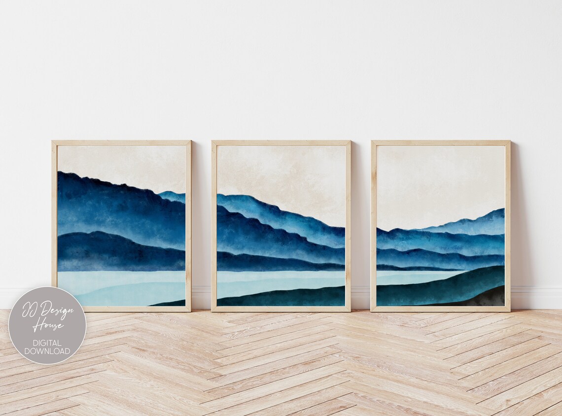 3 Piece Wall Art Blue Mountains Landscape Blue Wall Art Etsy