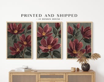Moody Floral Wall Art Set of 3, Burgundy Botanical Art Prints, Printed Wall Art