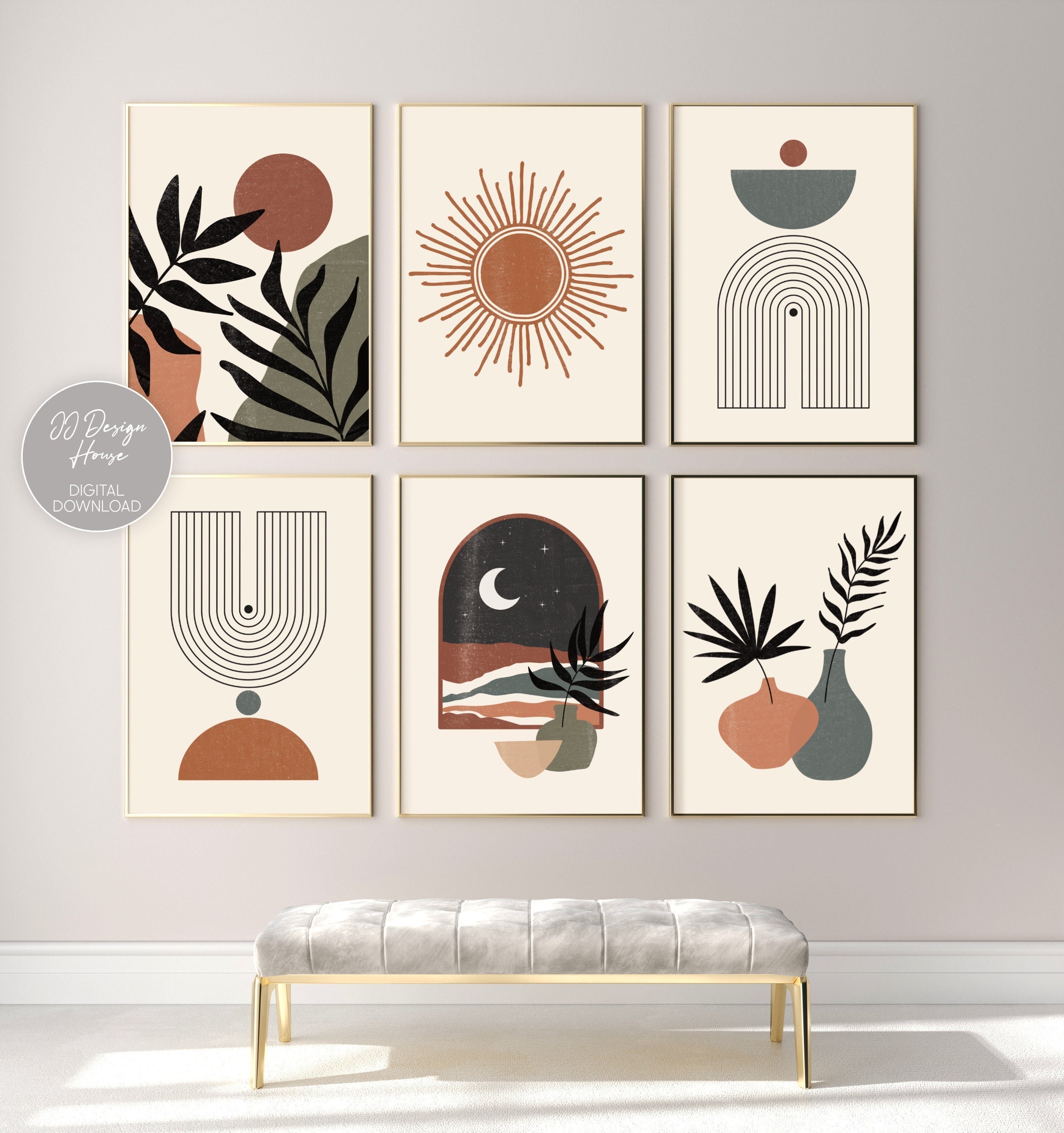 Boho Wall Art Gallery Wall Set of 6, Mid Century Modern Prints, Bohemian Decor Wall Art Prints, Printable Wall Art, Boho Home Decor Neutral