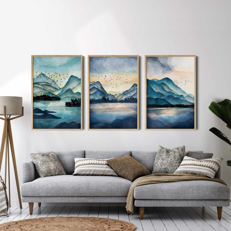 3 Piece Wall Art Abstract Mountain Wall Art, Landscape Print Set Gallery Wall Set, Watercolor Mountain Print, Modern Home Decor image 2