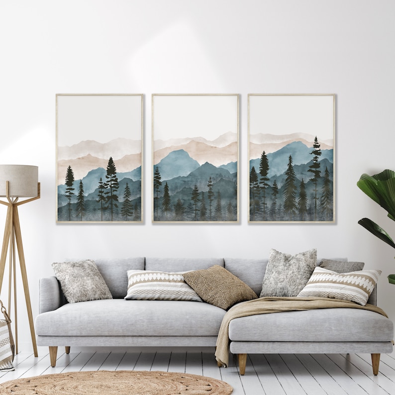 Blue Mountain Wall Art Abstract Mountain Print Set 3 Piece Etsy
