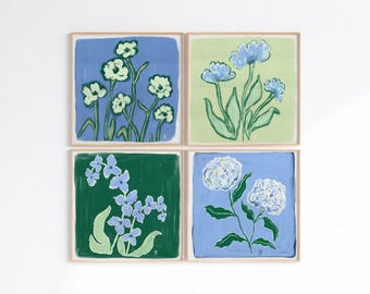 Blue Floral Wall Art Set of 4, Pastel Flower Prints, Cottagecore Wall Decor, Botanical Gallery Wall, Printable Art, Nursery Room Decor