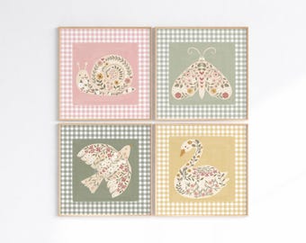 Folk Art Animal Wall Art Set of 4, Cottagecore Nursery Prints, Woodland Animal Printable, Vintage Storybook Gallery Wall, Digital Download