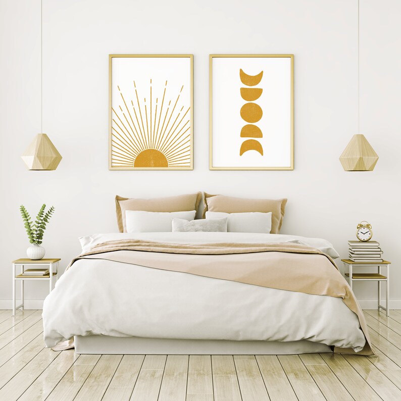 Mustard Yellow Wall Art Bedroom Decor Sun and Moon Print Set Etsy