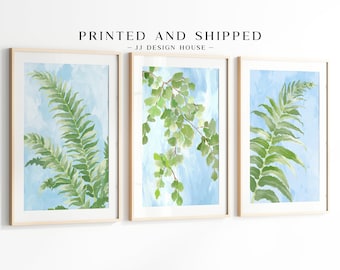 Blue Green Botanical Wall Art Set of 3, Coastal Fern Prints, Cottage Wall Decor, Printed Wall Art
