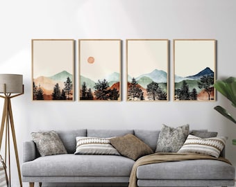 Landscape Print Mountain Art Print Set of 4, Landscape Wall Art, Watercolor Mountain Painting Boho Prints, PRINTABLE Landscape Painting