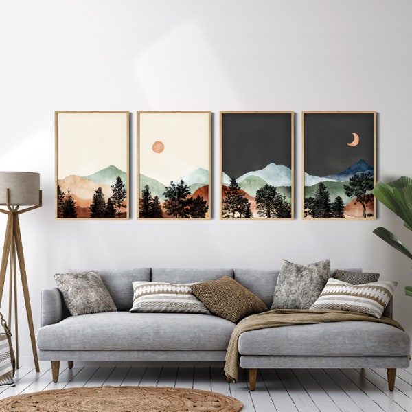 Sun and Moon Wall Art Mountain Art Print Set of 4, Landscape Wall Art, Watercolor Mountain Print Boho Prints, Printable Wall Art