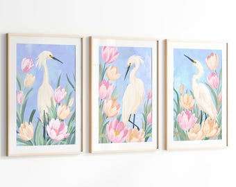 Pastel Bird Wall Art Set of 3, Floral Bird Prints, Colorful Cottage Decor, Printable Wall Art