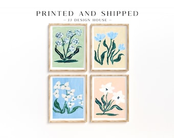 Pastel Floral Wall Art Set of 4, Blue Flower Prints, Cottage Wall Decor, Botanical Gallery Wall Art