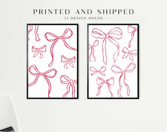 Red Bow Wall Art Set of 2, Coquette Ribbon Prints, Girly Bedroom Decor, PRINTED ART