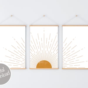 Above Bed Decor, Boho Room Decor, Dorm Decor, Sun Wall Art Set of 3, Boho Printable Artwork, Sun Prints, Minimalist Decor, Bedroom Wall Art