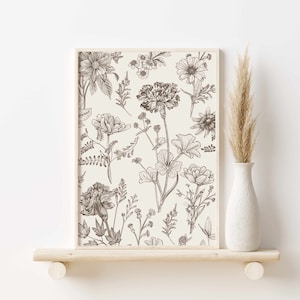 May include: A framed botanical print featuring detailed line drawings of various flowers and foliage in shades of brown and beige. The artwork is displayed on a light wooden shelf, with a white vase holding dried pampas grass to the right.
