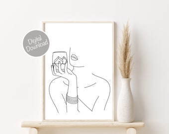 Bar Wall Art, Line Art Woman, Whiskey Woman Wall Art, Continuous Line Art, Line Drawing Woman, Single Line Art, Cocktail Wall Art Print