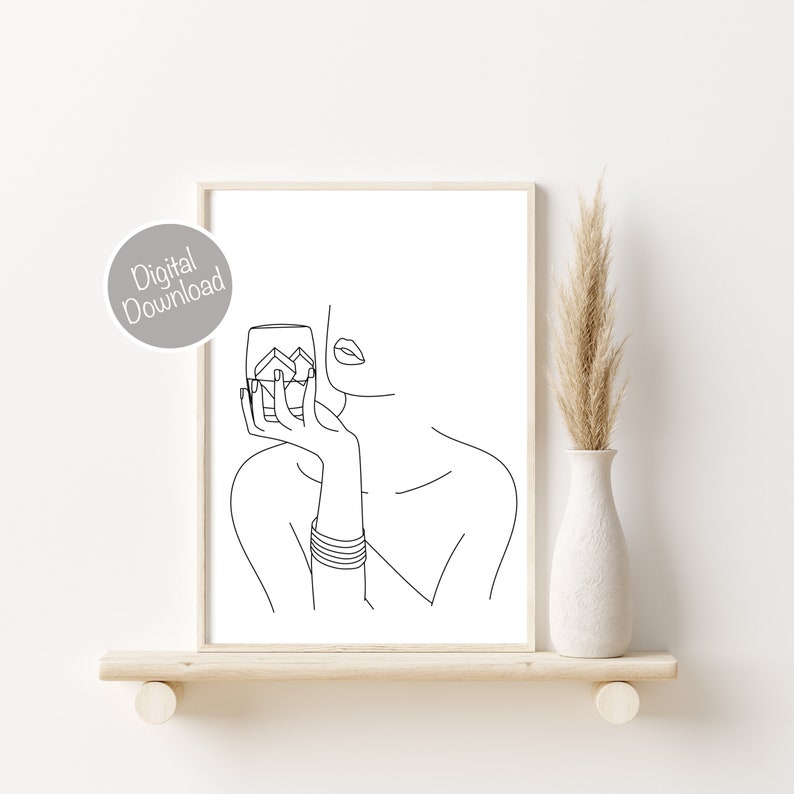 Bar Wall Art, Line Art Woman, Whiskey Woman Wall Art, Continuous Line Art, Line Drawing Woman, Single Line Art, Cocktail Wall Art Print image 1