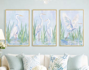 Coastal Bird Wall Art Set of 3, Blue Heron Printable, Beach House Decor, Coastal Gallery Wall