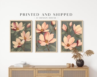 Moody Floral Wall Art Set of 3, Pink Green Botanical Art Prints, Vintage Floral Decor