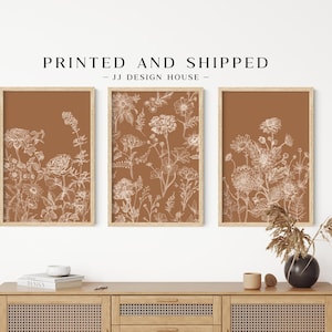 May include: Three framed botanical prints with a terracotta background and white floral line drawings. The prints are displayed above a wooden cabinet. The text "PRINTED AND SHIPPED" and "- JJ DESIGN HOUSE -" is at the top.