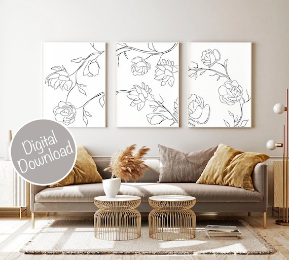 Minimalist Wall Art, Flower Prints, Printable Drawing Decor Gallery Art Wall, White Art, Line - Minimal of Line Black Art Line Etsy 3, Set and Wall