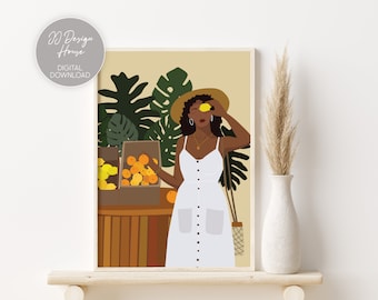 Black Girl Art Print, Boho Woman Art, Woman Plant Art, Black Woman Portrait Print, African American Digital Wall Art, Food Art Print