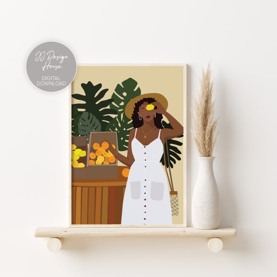 Black Girl Art Print, Boho Woman Art, Woman Plant Art, Black Woman Portrait Print, African American Digital Wall Art, Food Art Print