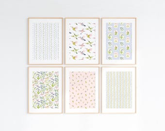 Baby Girl Nursery Art Prints, Pink Green Floral Gallery Wall Set (Digital Download)