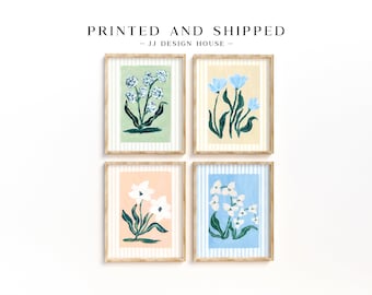 Striped Floral Wall Art Set of 4, Blue Flower Prints, Cottage Wall Decor, Botanical Gallery Wall Art
