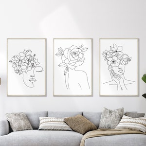 Black and White Wall Art, Single Line Art Print Woman With Flowers, Female Line Art, Minimalist Wall Art, Flower Woman Line Art Printable