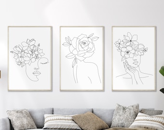 Black and White Wall Art, Single Line Art Print Woman With Flowers, Female Line Art, Minimalist Wall Art, Flower Woman Line Art Printable