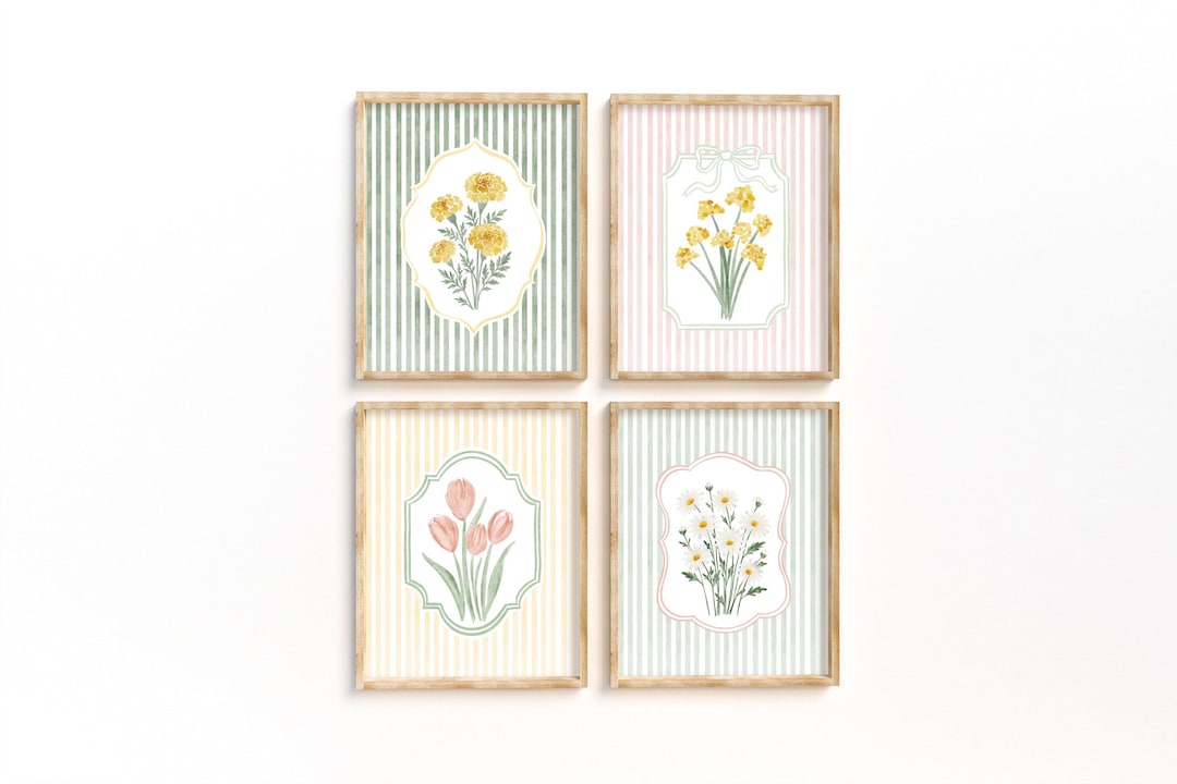 Vintage Floral Wall Art Set of 4, Pink Yellow Botanical Prints ...