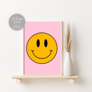 Smiley Print, Printable Wall Art, Smiley Face Art, Teen Girls Bedroom Decor, Retro Rainbow Wall Art, Dorm Decor, Pink Retro Prints