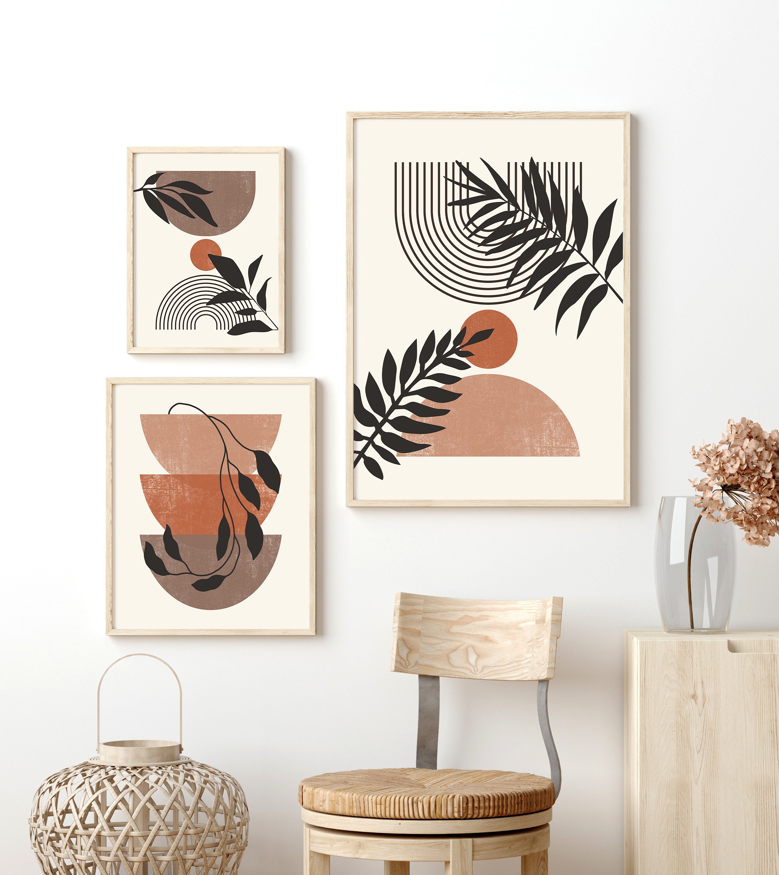 Mid Century Modern Art Print Set of 3, Neutral Geometric Wall Art ...