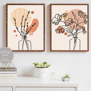 Conjunto de estampados botánicos de 2, Boho Wall Art, Conjunto de arte floral de 2 grabados, Arte de línea de flores, Arte de pared neutro, Flores en jarrón, Arte de pared imprimible