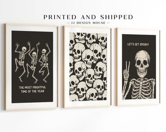 Skeleton and Skull Poster Set of 3, Vintage Halloween Wall Art, Spooky Black and White Skeleton Prints, Gothic Halloween Decor PRINTED ART