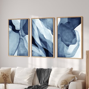 Arte de pared de 3 piezas, juego de 3 impresiones de arte de pared azul marino, juego de 3 impresiones de arte de pared abstracto, arte de pared imprimible, juego de impresiones abstractas sobre la decoración de la cama