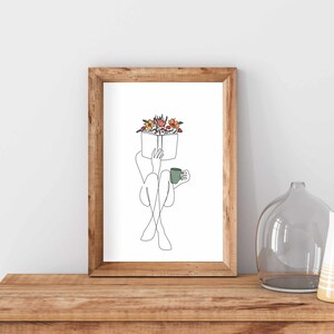 May include: A line drawing of a person sitting with a book over their head and a cup of coffee in their hand. The book is decorated with colorful flowers.