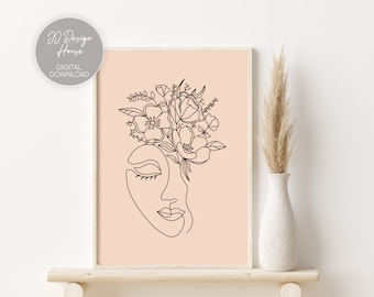 Face Line Art, Floral Line Art, Feminine Wall Art, One Line Art, Line Art Woman With Flowers, Minimal Line Drawing, Printable Wall Art