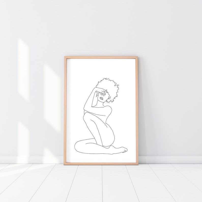 Black Woman Art DIGITAL Printable Wall Art Nude Line Art Print African American Art Female Figure Woman With Afro Minimal Line Drawing