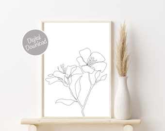 Minimalist Wall Art, Botanical Wall Decor, Minimal Line Drawing, Single Line Art Print, One Line Art Flower, Black White Printable Wall Art