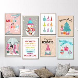 Pink Christmas Decor Prints Set of 8, Colorful Christmas Wall Art, Christmas Printables, Maximalist Christmas Prints, Christmas Bundle