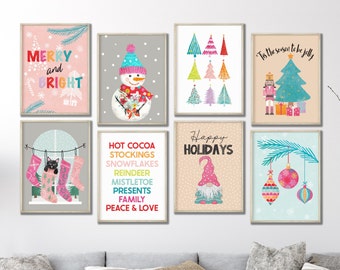 Puede incluir: Una colección de láminas artísticas enmarcadas con temática navideña. Las láminas presentan ilustraciones festivas, como un muñeco de nieve, árboles de Navidad, un gnomo y frases navideñas como "Merry and Bright" y "Happy Holidays". La paleta de colores incluye rosa, verde y azul.