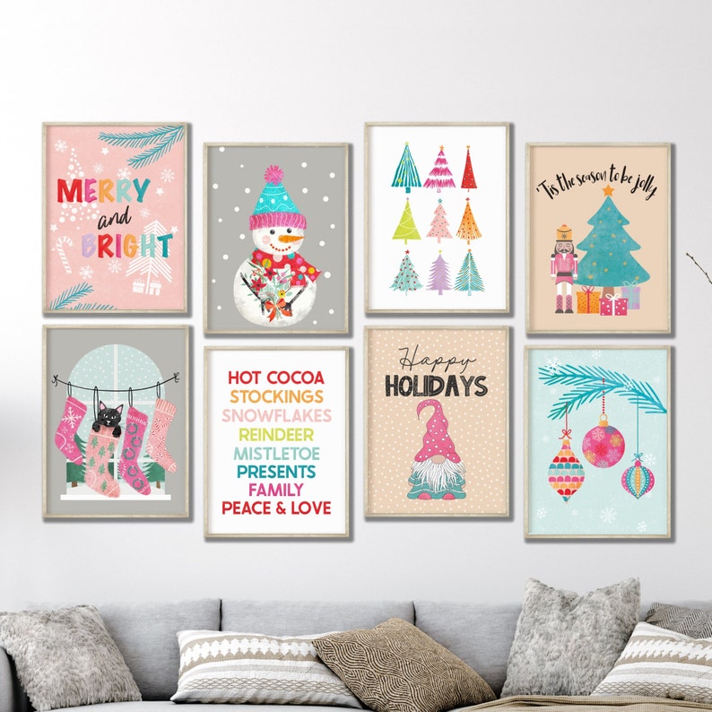 Pink Christmas Decor Prints Set of 8 Colorful Christmas Wall - Etsy