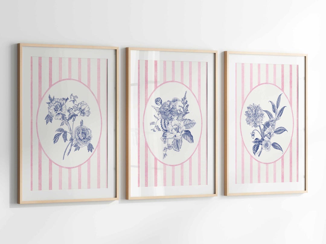 Chinoiserie Floral Print Set: Pink & Blue Botanical Wall Art (digital ...