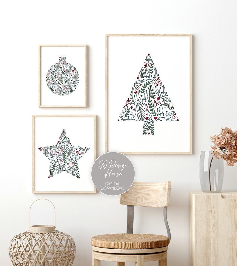 Nordic Style Xmas Triptych Wall Art Prints Set