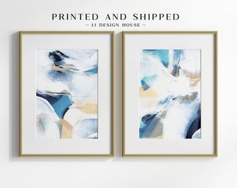 Printed Blue Wall Art, Abstract Art Print Set of 2, White Beige Abstract Wall Art, Abstract Painting, Blue Wall Decor