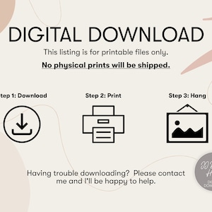 Puede incluir: Gr&aacute;fico de descarga digital con instrucciones. El texto dice "DESCARGA DIGITAL" y "Este listado es solo para archivos imprimibles. No se enviar&aacute;n impresiones f&iacute;sicas." Los pasos incluyen descargar, imprimir y colgar. Se proporciona informaci&oacute;n de contacto.