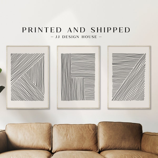 Minimalist Wall Art Set of 3 Prints, Black Beige Wall Art, Abstract Line Art Prints, Geometric Lines, Mid Century Modern Wall Art