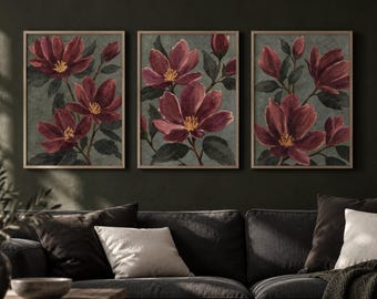 Moody Floral Wall Art Set of 3, Burgundy Botanical Prints, Vintage Decor