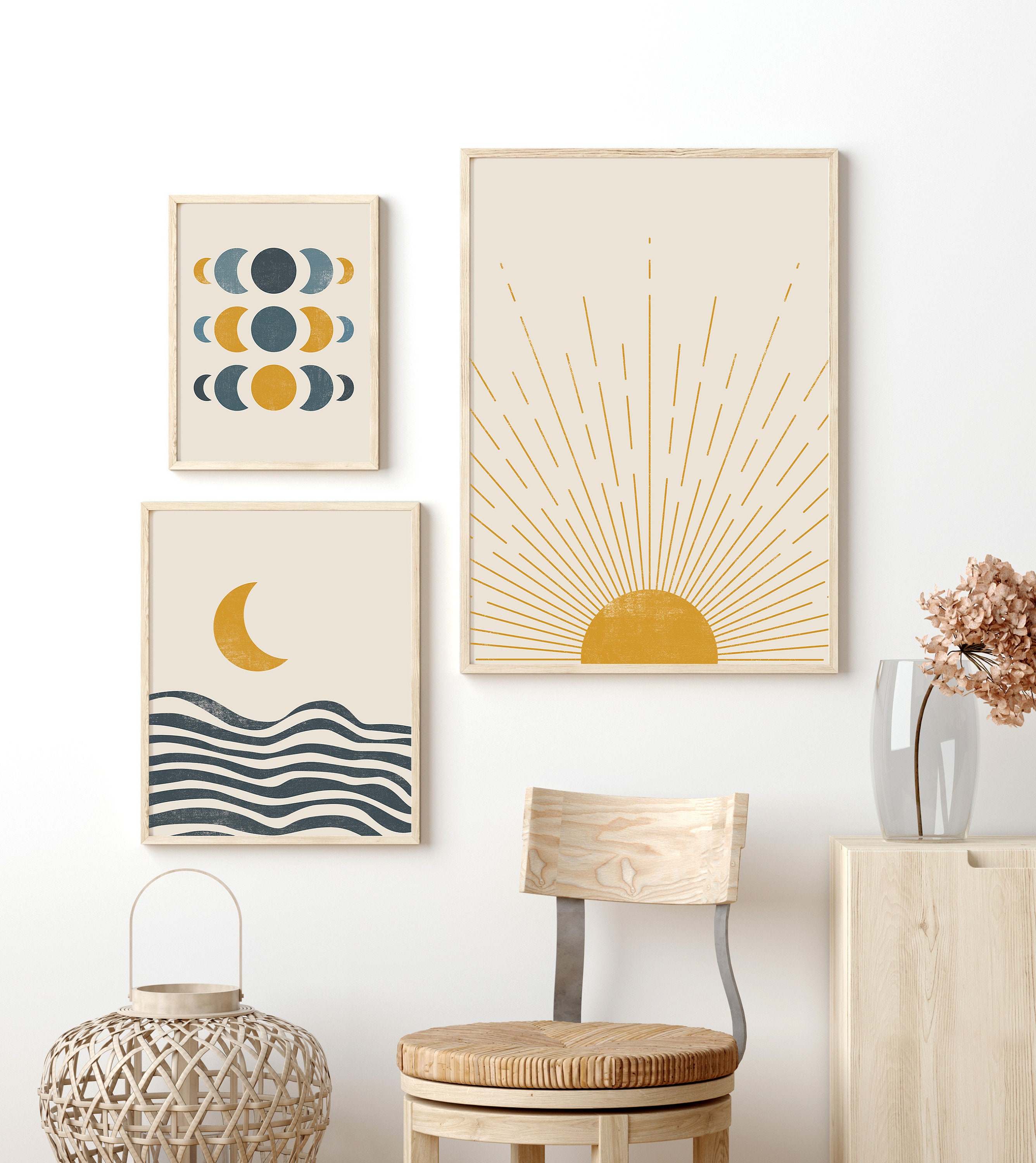DIGITAL, Sun and Moon Print Set of 3, Mid Century Modern Art ...